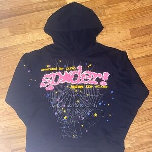 Black Hoodie with Spider Web and Text Design
